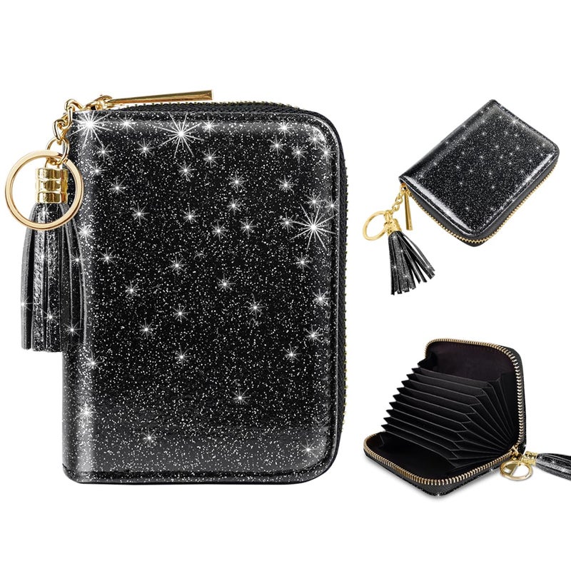 Coco Rossi Women's Small Credit Card Wallet ID Card Case for Girls RFID Glitter Cute Accordion Card Holder -Black Glitter - Image 1
